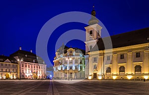 The Big Square with the Citty Hall in Sibiu at night in Transylvania region, Romania photo