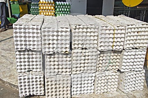 Big stack empty egg boxes in Mumbay Bombay market