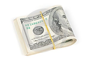 Big Stack of Folded Hundred Dollar Bills Isolated on White Background