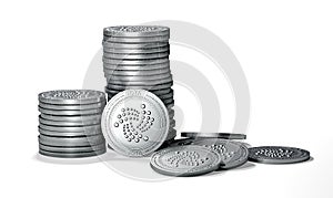 Big stack of IOTA coins isolated on white background. IOTA coin growth concept. photo