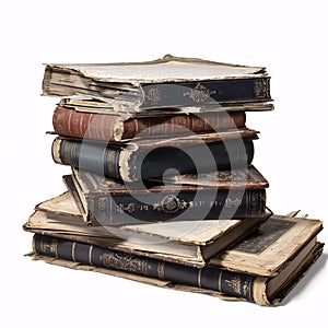 big stack of old books isolated on a white background.
