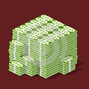 Big stacked pile of cash. Hundreds of dollars in flat style isometric.