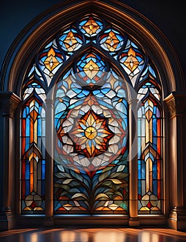 A big stained glass arch window, modern design, made out of cocobolo wood