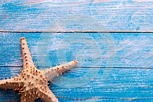 Big starfish on blue wood textured background