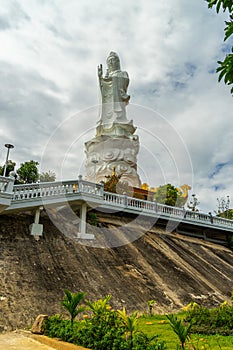 big statue of guanyin bodhisattva on mount in Ho Quoc pagoda (Vietnamese name is Truc Lam Thien Vien) with , Phu Quoc island,