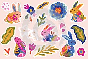 Big sticker set with adorable bunnies and floral elements in flat style. Lovely patches in vector