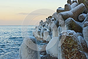 Big stone boulders on the seashore.