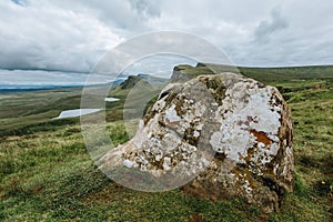 Big stone captured on the hills of Isle of Skie island in Scotland