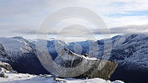Big Stone in snow on Mount Hoven in Loen in Vestland in Norway