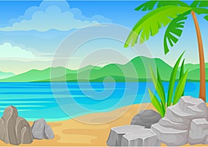 Big stones and palm tree on the beach. Vector illustration on white background.