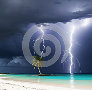 Big storm hits the sea. Lightning strikes the sea.