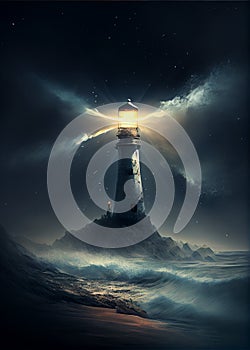 A big storm and tornado with a bright lighthouse. AI Generated