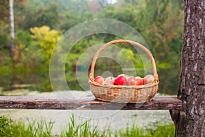 Big straw basket with red and yellow apples on a