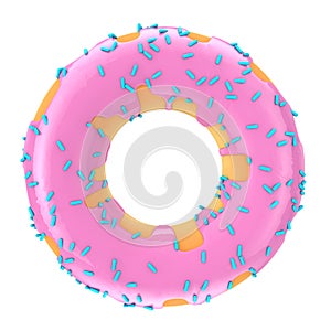 Big Strawberry Pink Glazed Donut with Blue Sprinkles. 3d Rendering
