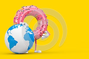 Big Strawberry Pink Glazed Donut Character Mascot with Earth Globe. 3d Rendering