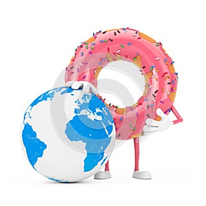Big Strawberry Pink Glazed Donut Character Mascot with Earth Globe. 3d Rendering