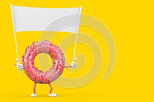 Big Strawberry Pink Glazed Donut Character Mascot and Empty White Blank Banner with Free Space for Your Design. 3d Rendering