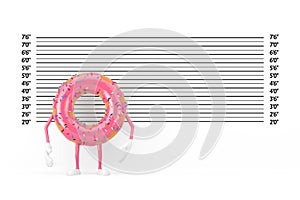 Big Strawberry Pink Glazed Donut Character Mascot in front of Police Lineup or Mugshot Background. 3d Rendering