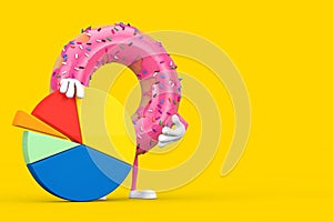 Big Strawberry Pink Glazed Donut Character Mascot with Info Graphics Business Pie Chart. 3d Rendering