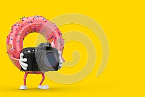 Big Strawberry Pink Glazed Donut Character Mascot with Modern Digital Photo Camera. 3d Rendering