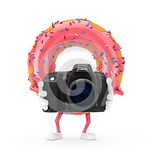 Big Strawberry Pink Glazed Donut Character Mascot with Modern Digital Photo Camera. 3d Rendering