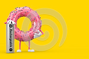 Big Strawberry Pink Glazed Donut Character Mascot with Rechargeable Battery. 3d Rendering