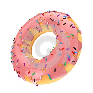 Big Strawberry Pink Glazed Donut with Color Sprinkles. 3d Render