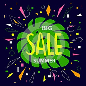 Big summer sale banner background with monstera leaf and geometric simple shapes confetti