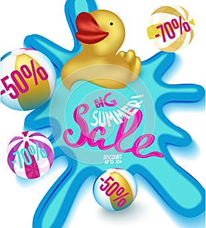 Big summer sale banner with rubber toys in a sweaming pool.