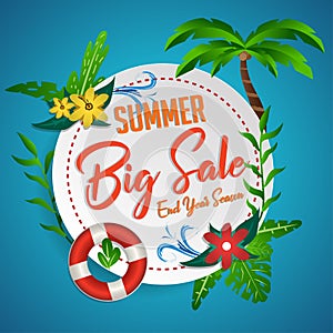 Big summer sale discount banner. Tropical theme with coconut tree holiday season green background design - Vector photo