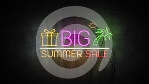 BIG SUMMER SALE neon light on wall. Sale banner blinking neon sign style for promo video. concept of sale and clearance