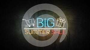 BIG SUMMER SALE neon light on wall. Sale banner blinking neon sign style for promo video. concept of sale and clearance