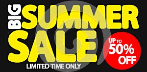 Big Summer Sale, up to 50% off, discount poster design template, store offer banner. Season shopping, promotion banner.