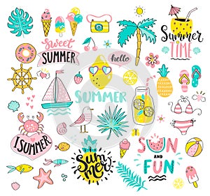 Big Summer set of sun and fun hand drawn elements.