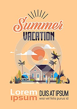 Big summer villa house umbrella surf board sunset palm trees greeting card poster lettering template vertical copy space