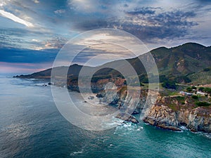 Big Sur, California. Aerial coastline view at sunset