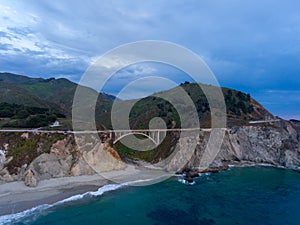 Big Sur, California. Aerial coastline view at sunset