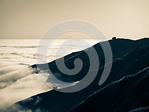 Big Sur California coast, bridge, beach, rocks, clouds, and surfing waves, black and white art photography