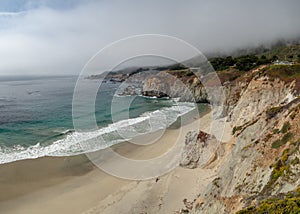 Big Sur California coast, bridge, beach, rocks, clouds, and surfing waves