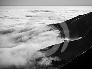 Big Sur California coast, bridge, beach, rocks, clouds, and surfing waves, black and white art photography