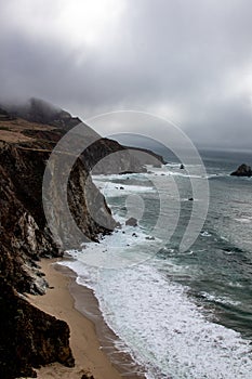 Big Sur Rocky Coastline with Pacific Ocean Waves and Stormy Sky