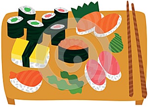 Big Sushi and Sashimi Set on Wooden Tray