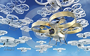 Big swarm of white and one golden in front quad copter drones flying in the sky. render