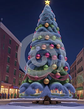A big tall animation style Christmas Tree in a snowy downtown in the night