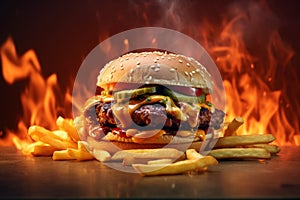 Big tasty cheeseburger on fire background