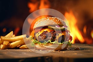 Big tasty cheeseburger on fire background