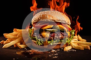 Big tasty cheeseburger on fire background