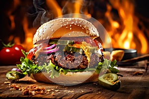 Big tasty cheeseburger on fire background