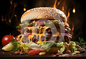 Big tasty cheeseburger on wooden table with burning flames on background