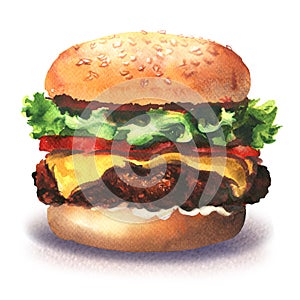 Big tasty haburger, fresh burger with lettuce, cheese, tomato, meat, onion, bun, fast food, isolated, hand drawn